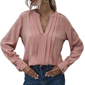 Rose Pink Pleated Blouse Women’s Medium – Long Sleeve V-Neck Work Top